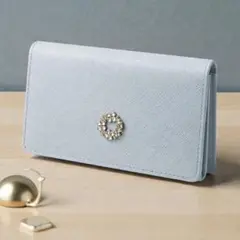 MISCH MASCH 二つ折り財布 水色 L字小銭入れ 多収納 ビジュー