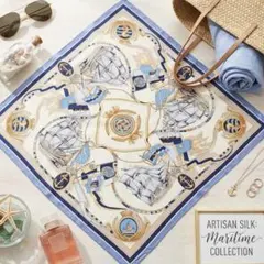 スカーフ 大判90×90 マリン柄 ブルー 高見え 春夏 上品 シルク風 大人