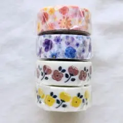 ★水彩のお花・包装紙、レトロな花★　マスキングテープ　4点セット　ダイソー