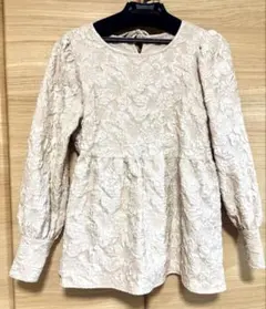花柄刺繍風　長袖　ペプラム　トップス　ベージュ　ブラウス　ジャガード