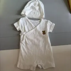 ZARAベビー　ホワイトロンパース クマ刺繍 帽子付き