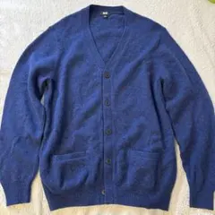 ユニクロ ラム　Vネック　カーディガン　メンズL ウール100% ブルー美品