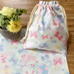 25x35 ゆめかわ♡リボン柄♡ミルキー ホワイトランチョンマット&給食袋セット