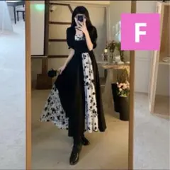 黒と白の花柄 半袖フレアワンピース オルチャン 韓国