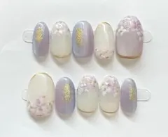 ハンドメイドネイルチップ フラワーデザイン パープル ゴールド