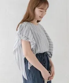 MANON マノン フリルスリーブ リネンミックスストライプ アミカル 