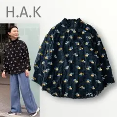 美品☆ハク シースルー チェック ジャカード スタンドカラー ブラウス 日本製のサムネイル