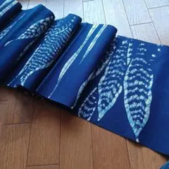 藍染　葉模様　帯　木綿　紺色