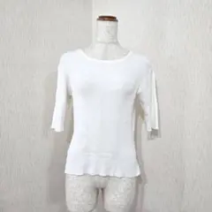 グリーンレーベルリラクシング 白 リブニット サイドスリット 五分袖（M相当）