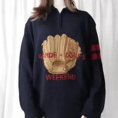 ハーフジップ ニット ネイビー ベースボール 刺繍 野球デザイン 古着