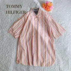 トミーヒルフィガー【M】縦ストライプ　オレンジ　シャツ　オレンジ