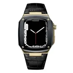 Apple watch バンド 44mm レザー 高級 ケース 一体型 ゴールド