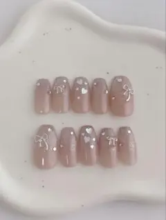 24.韓国ネイルチップ　ピンクマグネットグラデーション　リボン　ワンホンネイル