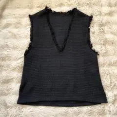 ツイードベスト ニットベスト ブラック フリンジ Vネック Mサイズ