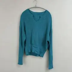 ターコイズ Vネック リブ編み ニット　シンプル　無地　美品　セーター