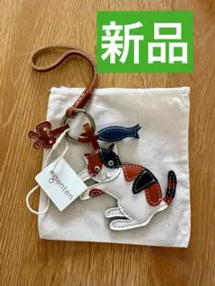 genten新品⭐️ワクワクチャーム三毛猫ネコ革レザーキーホルダー小物アクセサリー