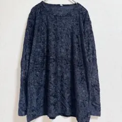 ヴィンテージ風 べロア調 総柄カットソー インポート ブラック 長袖【L】