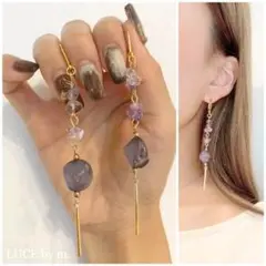 682 天然石 アメジスト 華奢 揺れる ピアス イヤリング お洒落