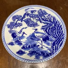 骨董品　大皿　丸皿　絵皿　飾り皿　松と鶴　青