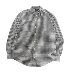 Ralph Lauren チェックシャツ　ロゴ刺繍　ネイビー　古着8BS1