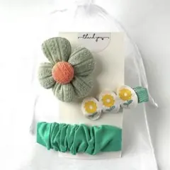 【即発送】韓国風ヘアピン3点セット くすみグリーン 花 キッズ 巾着付