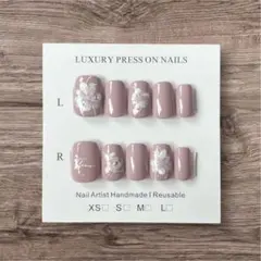 ネイルチップ くすみピンク 花 ベリーショート Mサイズ 【現品】