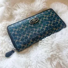 COACH コーチ 長財布 ラウンドファスナー シグネチャー ブルー レザー