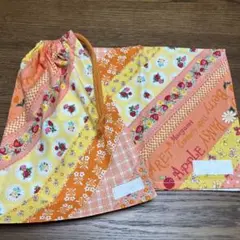給食セット　巾着　ランチョンマット　40×50　苺と小花　オレンジ　給食袋