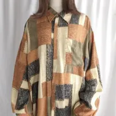 総柄シャツ 長袖 XL ビッグサイズ パッチワーク風デザイン レトロ 古着