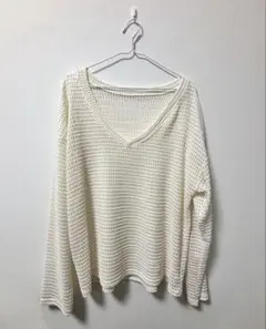 透かし編みニット 長袖 レディース アイボリー Vネック 春夏服