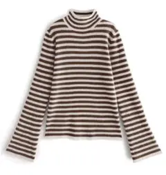 ボーダー柄フレアスリーブリブニットトップス[k9086b] ブラウン