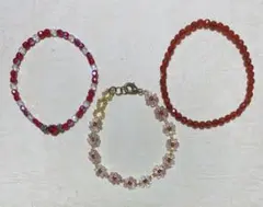 ブレス３点セット ①天然石レッドアゲート ②天然石チェコビーズ③花レッド&クリア
