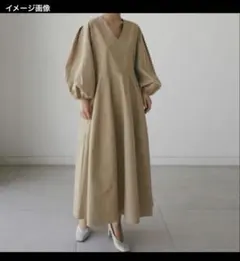 ボリュームフレアワンピース マキシ丈 バルーンスリーブ 長袖 Vネック