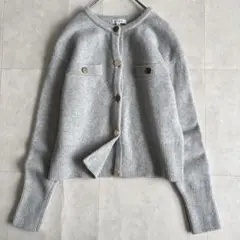 PLST ウール100%金ボタン クルーネックカーディガン グレーS ポケット付