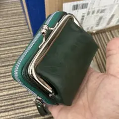 グリーンレザー コインケース ダブルファスナー がま口 ミニ財布 カード収納