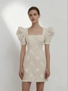 韓国　アイボリー花柄刺繍ミニドレス