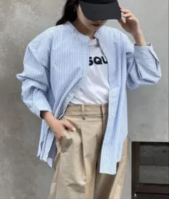 《新品未使用》コットンライクバンドカラー袖ボリュームストライプシャツ　長袖