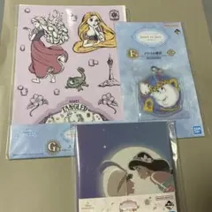 ディズニー　一番くじ　ラプンツェルステッカー　アラジン　美女と野獣　セット