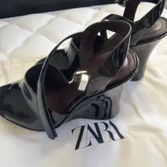 ZARA エナメル ウェッジソール サンダル ブラック 36
