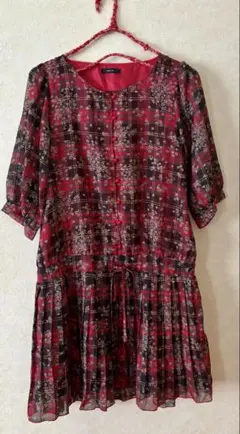 コムサイズム　赤系チェック柄 七分袖ワンピース　F