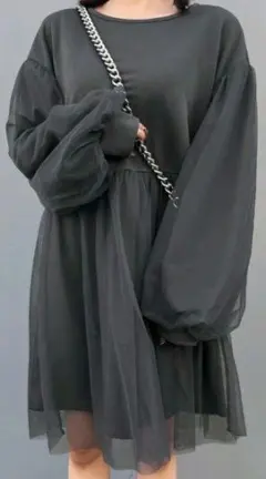 ダークグレー バルーンスリーブ チュニック ワンピース カジュアル スウェット