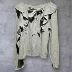 フリルブラウス Lサイズ ニュアンスカラー リボン付き 袖ゴム　綿100%