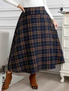 【新品】SHEIN チェック柄フレアスカート ネイビー/オレンジ