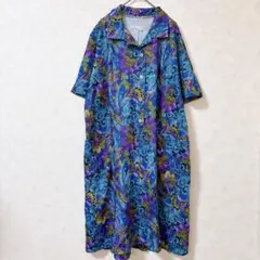 花柄 ワンピース 開襟 半袖 総柄 青 紫 夏