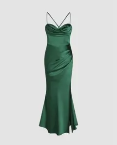 グリーンサテンカウルネックキャミコルセットマキシドレス