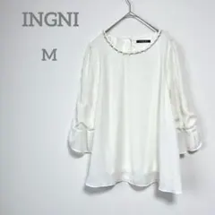 イング　パールビジュー付　シフォンブラウス M ホワイト 七分袖 ゴージャス