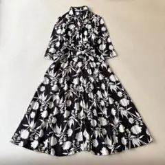 【美品】ザラ　花柄　ウエストリボン　ロングシャツワンピース　XS モノトーン