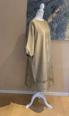 正絹　大島紬　着物リメイク　パフスリーブ　ワンピース　現代柄　刺繍入り