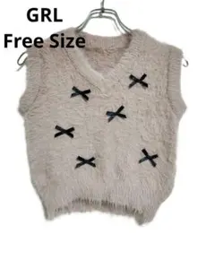 GRL ファーニットベスト フリーサイズ ピンクベージュ リボン 春 美品