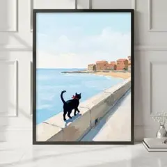 猫のいる風景　波止場の黒猫　アートポスター　インテリア　壁飾り　おしゃれ　A4